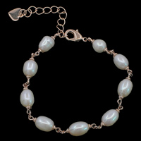 Sötvatten odlade Pearl Bracelet, Freshwater Pearl, med Mässing, med 6.5cm extender kedja, Ris, naturlig, vit, 7-9mm, Såld Per Ca 7.5 inch Strand