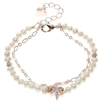 Freshwater Cultured Pearl Bracelet Freshwater Pearl with Brass with 5cm extender chain Leaf natural micro pave cubic zirconia &  white 4-5mm Sold Per Approx 6 Inch Strand