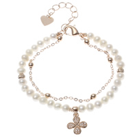 Freshwater Cultured Pearl Bracelet Freshwater Pearl with Brass with 5cm extender chain Four Leaf Clover natural micro pave cubic zirconia &  white 4-5mm Sold Per Approx 6 Inch Strand