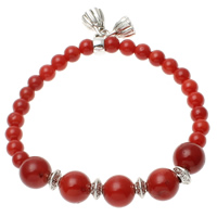 Natural Coral Bracelet, with Tibetan Style, red, 10mm, 7x4mm, 6mm, Length:Approx 7.5 Inch, 12Strands/Lot, Sold By Lot