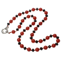 Natural Coral Necklace, with Crystal, brass spring ring clasp, Flat Round, faceted, 6x4mm, 8mm, Sold Per Approx 18.5 Inch Strand