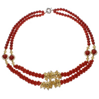 Natural Coral Necklace, with Crystal & Brass, faceted & 2-strand, red, 6x6mm, 8x4mm, Sold Per Approx 17 Inch Strand
