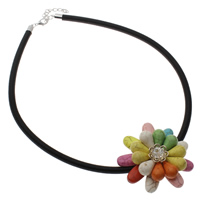 Fashion Turquoise Necklace, with Nylon Coated Rubber Rope & Brass, with 4cm extender chain, Flower, with rhinestone, multi-colored, 64x60x18mm, 5mm, Sold Per Approx 18 Inch Strand