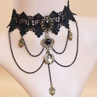 Gothic Necklace, Lace, with brass chain & Crystal & Resin & Tibetan Style, with 2.5Inch extender chain, plated, faceted, black, nickel, lead & cadmium free, 38mm, Sold Per Approx 12 Inch Strand