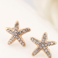 Tibetan Style Stud Earring, Starfish, gold color plated, with rhinestone, nickel, lead & cadmium free, 16x16mm, 10Pairs/Lot, Sold By Lot