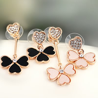 Zinc Alloy Asymmetric Earrings with rubber earnut & Acrylic Three Leaf Clover rose gold color plated with rhinestone nickel lead & cadmium free  Sold By Lot