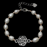 Bracelet en perles de culture d'eau douce, perle d'eau douce cultivée, avec laiton, avec 5cm chaînes de rallonge, fleur, naturel, émail, blanc, 7-8mm, 15x23x3mm, Vendu par Environ 6.5 pouce brin