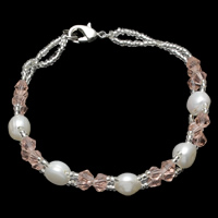 Freshwater Cultured Pearl Bracelet, Freshwater Pearl, with Crystal & Glass Seed Beads, brass lobster clasp, Button, natural, beaded daisy chain & faceted, white, 6-8mm, 4mm, Sold Per Approx 6.5 Inch Strand