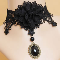 Gothic Necklace Lace with Cotton & Glass Pearl & Resin & Zinc Alloy with 2.5Inch extender chain Flower antique bronze color plated faceted black nickel lead & cadmium free 65mm Sold Per Approx 12 Inch Strand