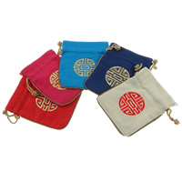 Linen Drawstring Pouches, with Nylon Cord, Rectangle, Embroidery, mixed colors, 115x142x3mm, 50/