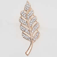 Zinc Alloy Brooches Leaf rose gold color plated with rhinestone clear nickel lead & cadmium free 55mm Sold By Bag
