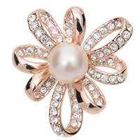 Glass Pearl Brooch Zinc Alloy with Glass Pearl Flower rose gold color plated with rhinestone clear nickel lead & cadmium free 36mm Sold By Bag