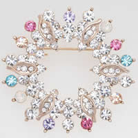 Zinc Alloy Brooches Flower rose gold color plated with rhinestone multi-colored nickel lead & cadmium free 45mm Sold By Bag