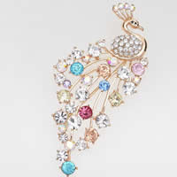 Zinc Alloy Brooches Peacock rose gold color plated with rhinestone multi-colored nickel lead & cadmium free 75mm Sold By Bag
