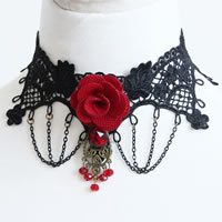 Gothic Necklace Lace with brass chain & Cotton & Crystal & Resin & Zinc Alloy with 2.5Inch extender chain Flower plated faceted black nickel lead & cadmium free 65mm Sold Per Approx 12 Inch Strand