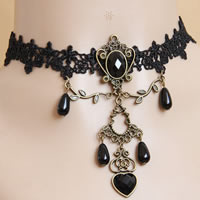 Gothic Necklace, Lace, with Resin & Tibetan Style, with 2.5Inch extender chain, Heart, antique bronze color plated, with plastic pearl & faceted, black, nickel, lead & cadmium free, 18mm, Sold Per Approx 12 Inch Strand