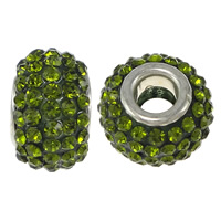 European Resin Beads, Rondelle, platinum color plated, brass double core without troll & with rhinestone, green, 10x15mm, Hole:Approx 5mm, 50PCs/Lot, Sold By Lot