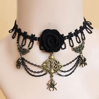 Gothic Necklace Lace with brass chain & Cotton & Zinc Alloy with 2.5Inch extender chain Flower plated black nickel lead & cadmium free 20mm Sold Per Approx 12 Inch Strand