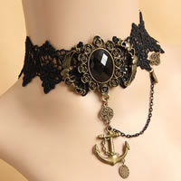 Gothic Necklace, Lace, with Resin & Tibetan Style, with 2.5Inch extender chain, Anchor, plated, nautical pattern & faceted, black, nickel, lead & cadmium free, 38mm, Sold Per Approx 12 Inch Strand