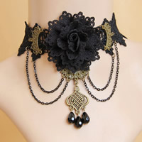 Gothic Necklace Lace with brass chain & Cotton & Crystal & Zinc Alloy with 2.5Inch extender chain Flower plated faceted black nickel lead & cadmium free 38mm Sold Per Approx 12 Inch Strand