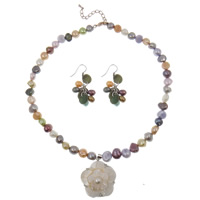 Freshwater Pearl Jewelry Set, earring & necklace, with Freshwater Shell, brass lobster clasp, brass earring hook, Baroque, multi-colored, 8-9mm, 47x57x9.5mm, 6x12mm, Length:Approx 15 Inch, Sold By Set