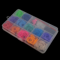 Gummi Rainbow Loom Kit, DIY væven band charme & S lås & Hæklet, med Plastic, Rektangel, du kan DIY, blandede farver, 19x1mm, 105x190x25mm, Hole:Ca. 2-5mm, 30kasser/Lot, Solgt af Lot