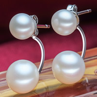 Pendientes de Doble Bola, Perlas cultivadas de agua dulce, con metal, Botón, natural, Blanco, 6.5-7mm, 8.5-9mm, Vendido por Par