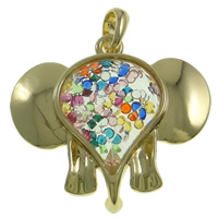 Tibetan Style Floating Locket Pendant, with Glass & Rhinestone, Elephant, real gold plated, high quality plating and never fade, nickel, lead & cadmium free, 55x50x17mm, Hole:Approx 7x10mm, 10PCs/Bag, Sold By Bag