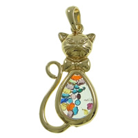 Tibetan Style Floating Locket Pendant, with Glass & Rhinestone, Cat, real gold plated, high quality plating and never fade, nickel, lead & cadmium free, 28x56x11mm, Hole:Approx 7x10mm, 10PCs/Bag, Sold By Bag