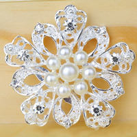 Glass Pearl Brooch, Tibetan Style, Flower, silver color plated, with glass pearl & with rhinestone, nickel, lead & cadmium free, 50x50mm, 10PCs/Lot, Sold By Lot
