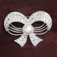Glass Pearl Brooch Zinc Alloy Bowknot silver color plated with glass pearl & with rhinestone nickel lead & cadmium free Sold By Lot