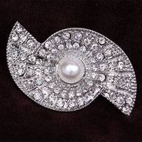 Skleněná Perla brož, Zinek, Ulita, platinové barvy á, se skleněnou perlou & s drahokamu, nikl, olovo a kadmium zdarma, 43.50x22mm, 10PC/Lot, Prodáno By Lot