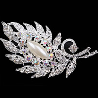 Glass Pearl Brooch Zinc Alloy Leaf silver color plated with glass pearl & with rhinestone nickel lead & cadmium free Sold By Lot