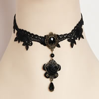 Gothic Necklace Lace with Satin Ribbon & Cotton & Crystal & Glass Pearl & Resin & Zinc Alloy with 2.5Inch extender chain Flower antique bronze color plated faceted black nickel lead & cadmium free 30mm Sold Per Approx 12 Inch Strand