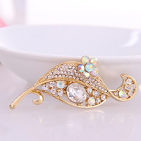 Rhinestone Brooch, Tibetan Style, with Crystal, Leaf, gold color plated, faceted & with rhinestone, nickel, lead & cadmium free, 70x28mm, 10PCs/Lot, Sold By Lot