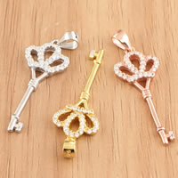 Thailand Sterling Silver Pendants, Key, plated, with rhinestone, mixed colors, 12x37.50x2.70mm, Hole:Approx 3mm, 3PCs/Bag, Sold By Bag