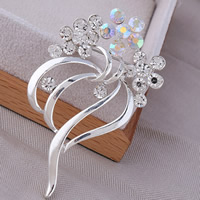 Rhinestone Brooch, Tibetan Style, Flower, silver color plated, with rhinestone, nickel, lead & cadmium free, 40x65mm, 10PCs/Lot, Sold By Lot
