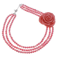 Shell Necklace, with coral, brass hook and eye clasp, with 5cm extender chain, Flower, 3-strand, pink, 60x55x35mm, Sold Per Approx 16.5 Inch Strand