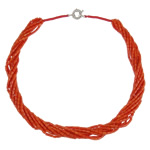 Natürliche Koralle Halskette, mit Nylonschnur, Messing Federring Verschluss, Rohr, 8-Strang, rot, 3x4mm, verkauft per ca. 19 ZollInch Strang