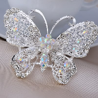 Rhinestone Brooch Zinc Alloy Butterfly silver color plated with rhinestone nickel lead & cadmium free Sold By Lot