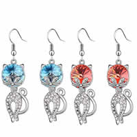 Crystal Earrings, Tibetan Style, with Crystal, stainless steel earring hook, Cat, platinum color plated, faceted & with rhinestone, more colors for choice, nickel, lead & cadmium free, 13x50mm, 20Pairs/Lot, Sold By Lot