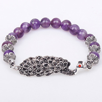 Amethyst Bracelet, with Tibetan Style, Peacock, silver color plated, February Birthstone & beaded bracelet & with rhinestone & blacken, nickel, lead & cadmium free, 8mm, Length:Approx 8 Inch, 6Strands/Lot, Sold By Lot