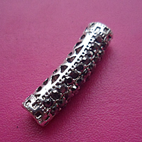 Tibetan Style Curved Tube Beads, antique silver color plated, with rhinestone & hollow, nickel, lead & cadmium free, 6x25mm, Hole:Approx 3.3mm, 40PCs/Lot, Sold By Lot