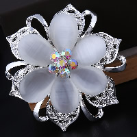 Cats Eye Brooch Zinc Alloy with Cats Eye Flower silver color plated with rhinestone nickel lead & cadmium free Sold By Lot