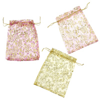 organza sac de cordon, avec le motif de fleurs & or accentué, couleurs mélangées, 125x180x0.80mm, 300PC/lot, Vendu par lot