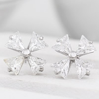 925 Sterling Silver Stud Earring, Four Leaf Clover, platinum plated, with cubic zirconia, 10x10mm, 5Pairs/Bag, Sold By Bag