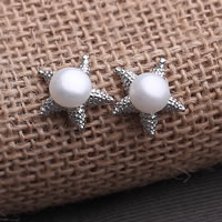 Freshwater Pearl Earrings Zinc Alloy with Freshwater Pearl brass post pin Starfish silver color plated nickel lead & cadmium free 7-8mm Sold By Lot