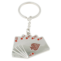 Tibetan Style Key Chain, with iron ring, Poker, platinum color plated, with number pattern & with letter pattern & enamel, nickel, lead & cadmium free, 49x41x3mm, Hole:Approx 29mm, Length:Approx 4 Inch, 10Strands/Bag, Sold By Bag