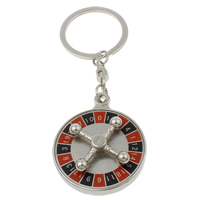 Tibetan Style Key Chain, with iron ring, Flat Round, platinum color plated, with number pattern & enamel, nickel, lead & cadmium free, 43x51x2mm, Hole:Approx 29mm, Length:Approx 4 Inch, 10Strands/Bag, Sold By Bag