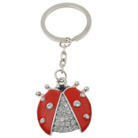 Tibetan Style Key Chain, with iron ring, Ladybug, platinum color plated, enamel & with rhinestone, nickel, lead & cadmium free, 30x34x5mm, Hole:Approx 29mm, Length:Approx 3.5 Inch, 10Strands/Bag, Sold By Bag